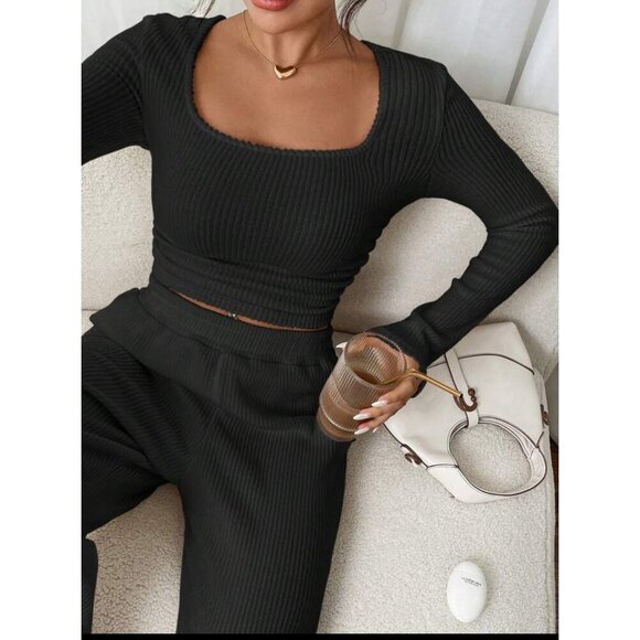 2 piece set: ribbed knit long sleeve tee & elastic waist pants lounge gray - Picture 6 of 9